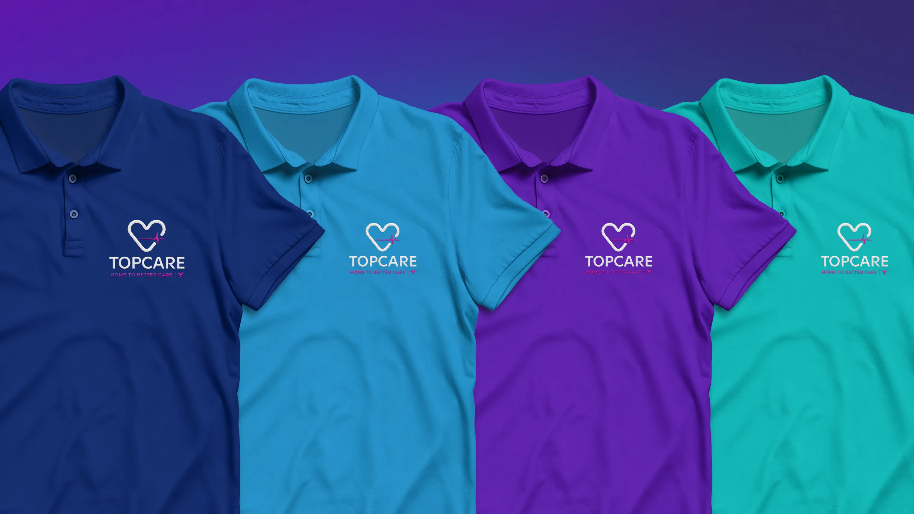 TopCare branded polo shirts in four colours designed by DotPerformance as part of the TopCare brand identity for the Isle of Man healthcare provider